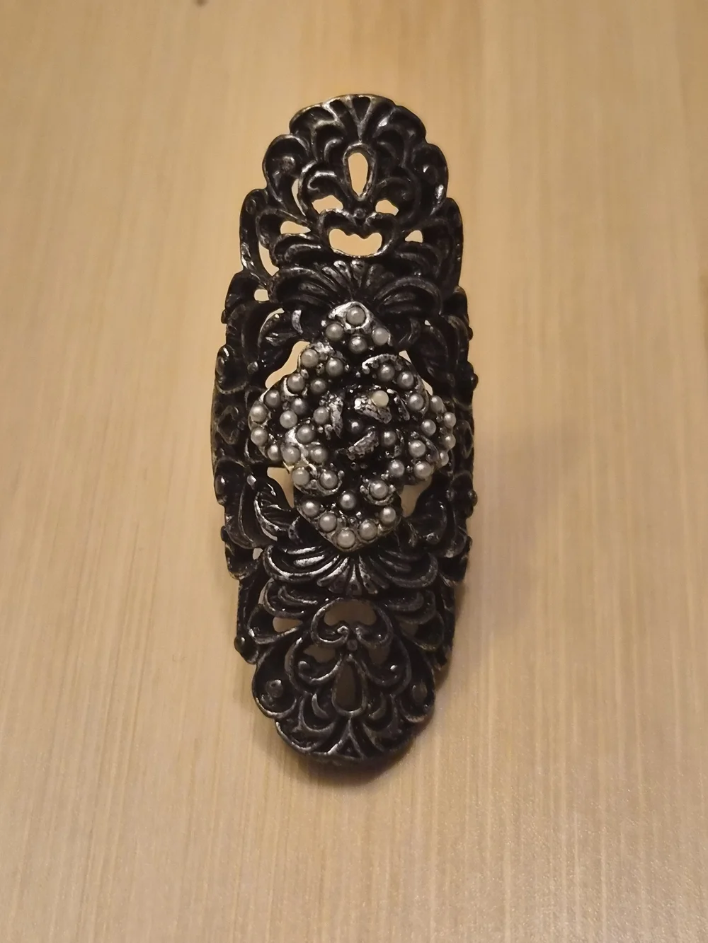 ​Vintage Gothic Filigree Armor Ring Faux Pearl Accent Silver Tone Adjustable